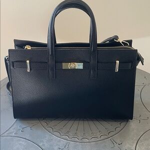 Black Genuine Leather Handbag with Gold Accents.Italian handmade